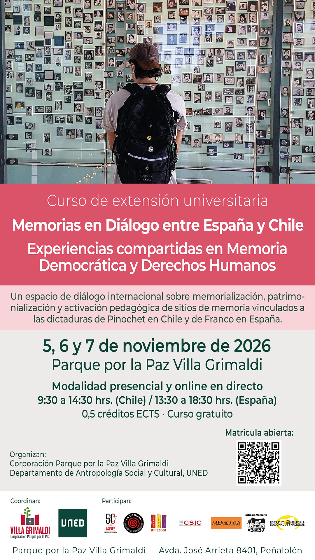 VILLA GRIMALDI Y LA UNED CONVOCAN AL CURSO INTERNACIONAL «MEMORIAS EN DIÁLOGO ENTRE ESPAÑA Y CHILE»
